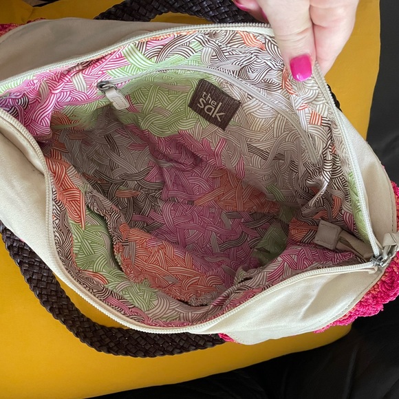 The Sak Sierra Leather Bag Purse Off White Pink Crochet Woven Trim Shopper Stone - Picture 8 of 11